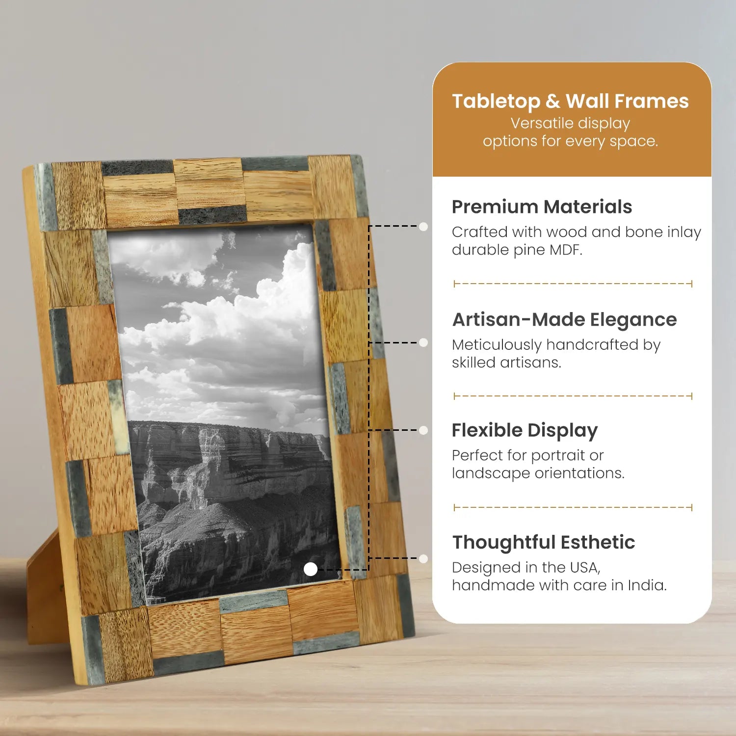 Stonewood Grey Brown Picture Frame Bone Inlay- 4x7 & 5x7