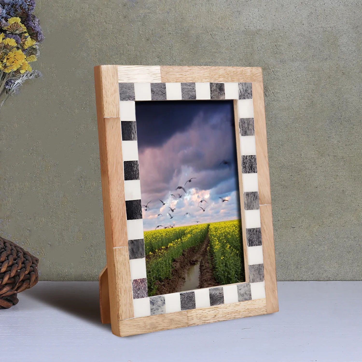 Checkered Bone Inlay Picture Frame, Grey & White