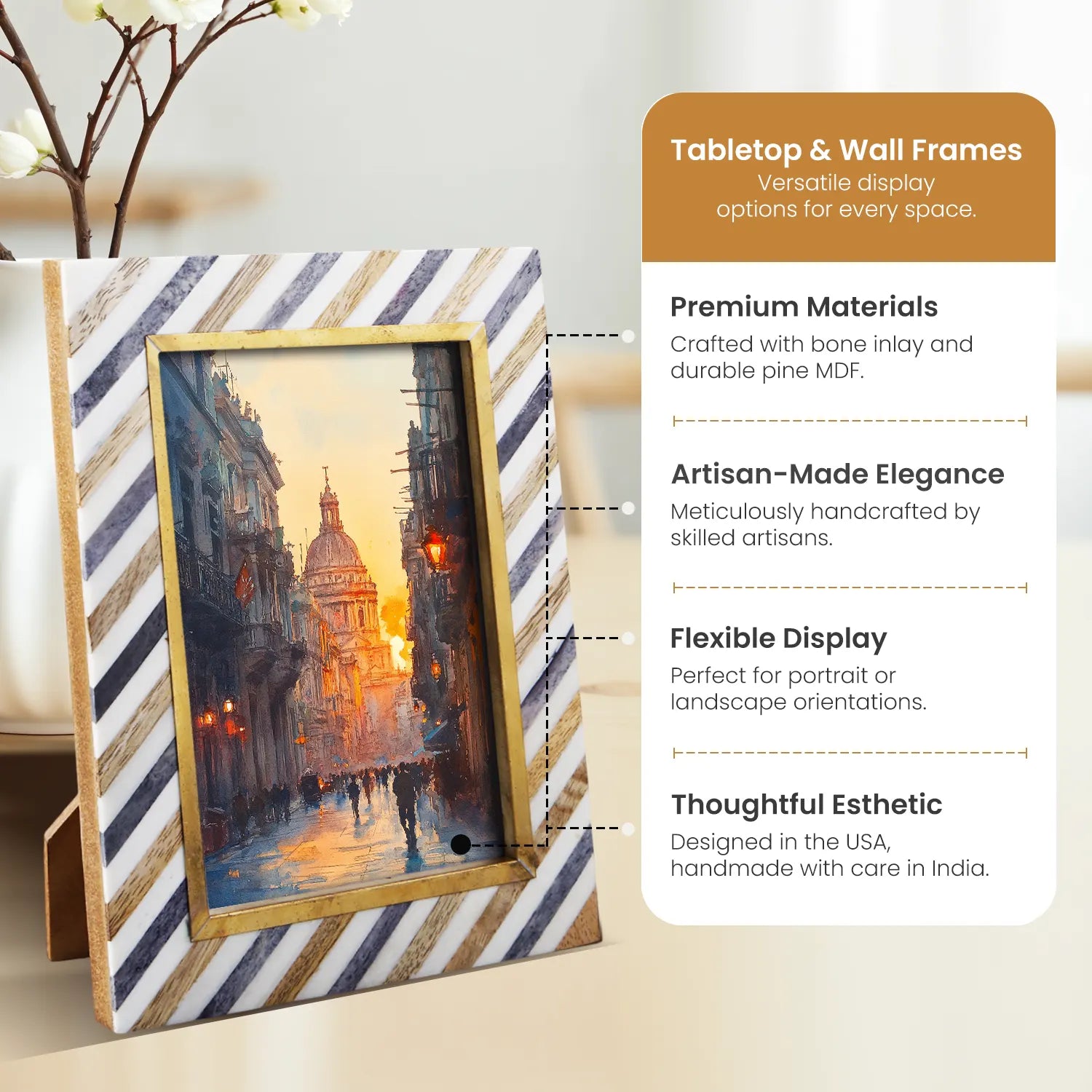 Picture Frame Diagonal Striped Collection Bone Inlay Brass Wood – 4x6, 5x7