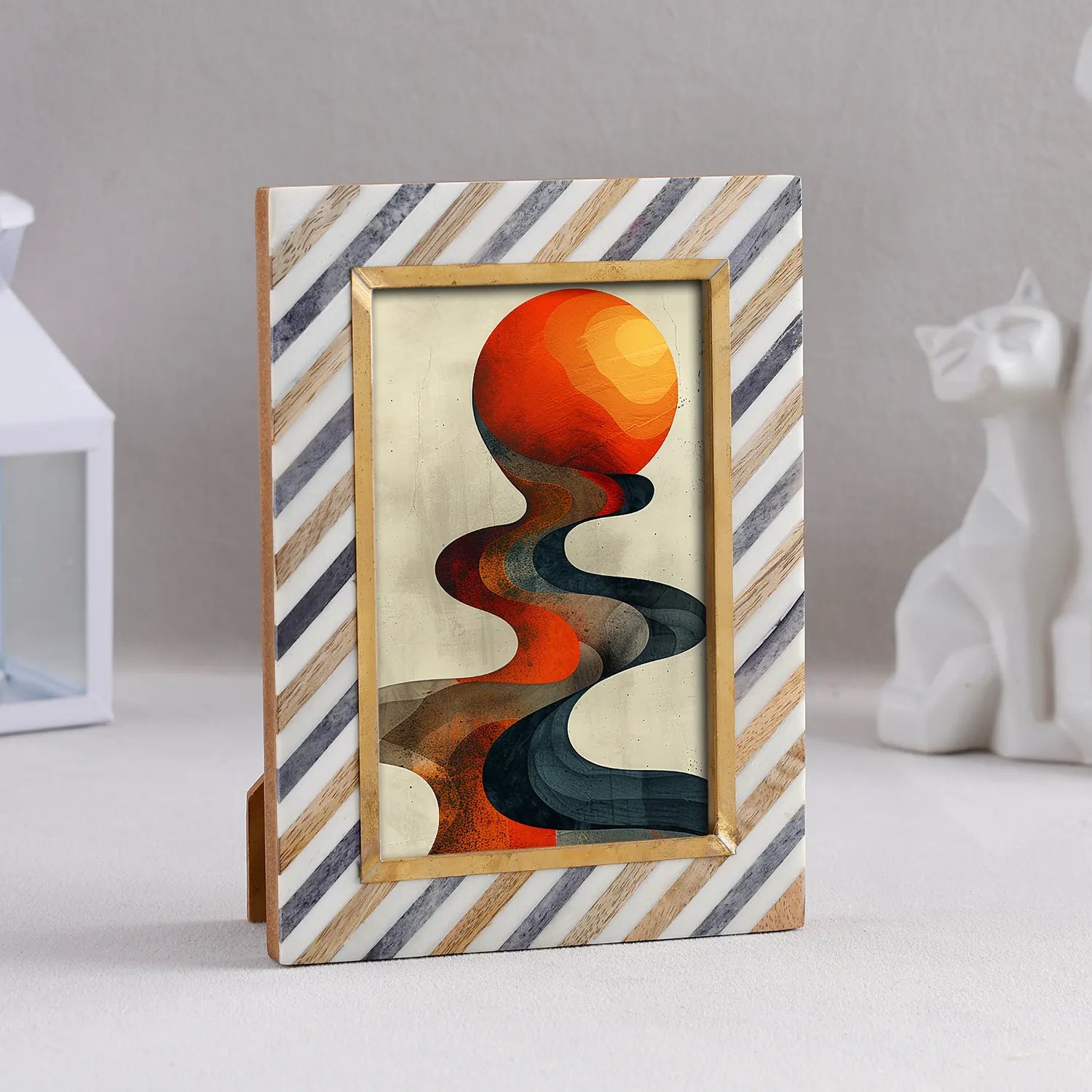 Picture Frame Diagonal Striped Collection Bone Inlay Brass Wood – 4x6, 5x7