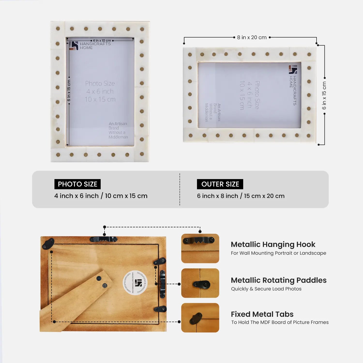 Handmade 4x6  Bone & Brass Studded Dot Picture Photo Frame