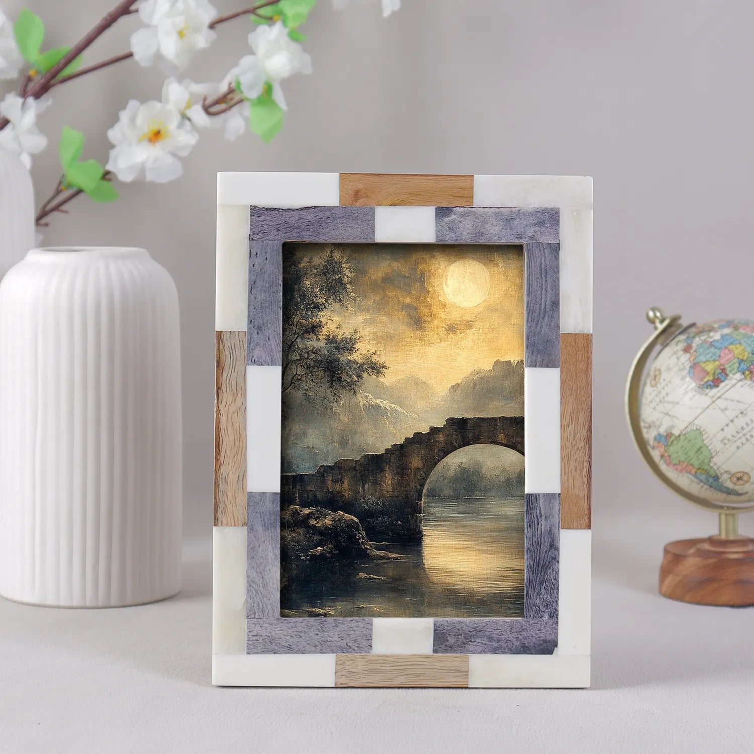 Wood & Bone Inlay Woodstrip Tile Picture Photo Frame in 4x6, 5x7