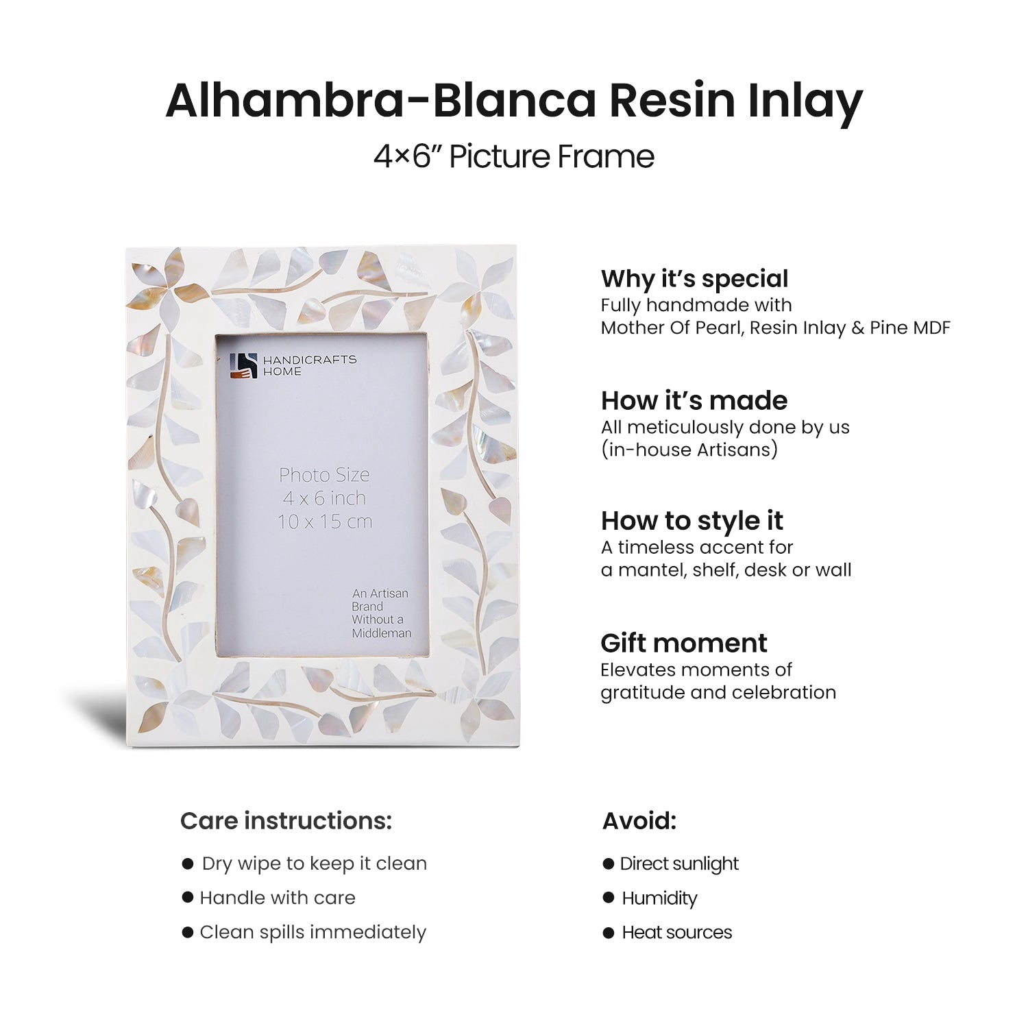 Picture Frame Alhambra Blanca Collection Mother of Pearl & Resin Inlay White – 4x6