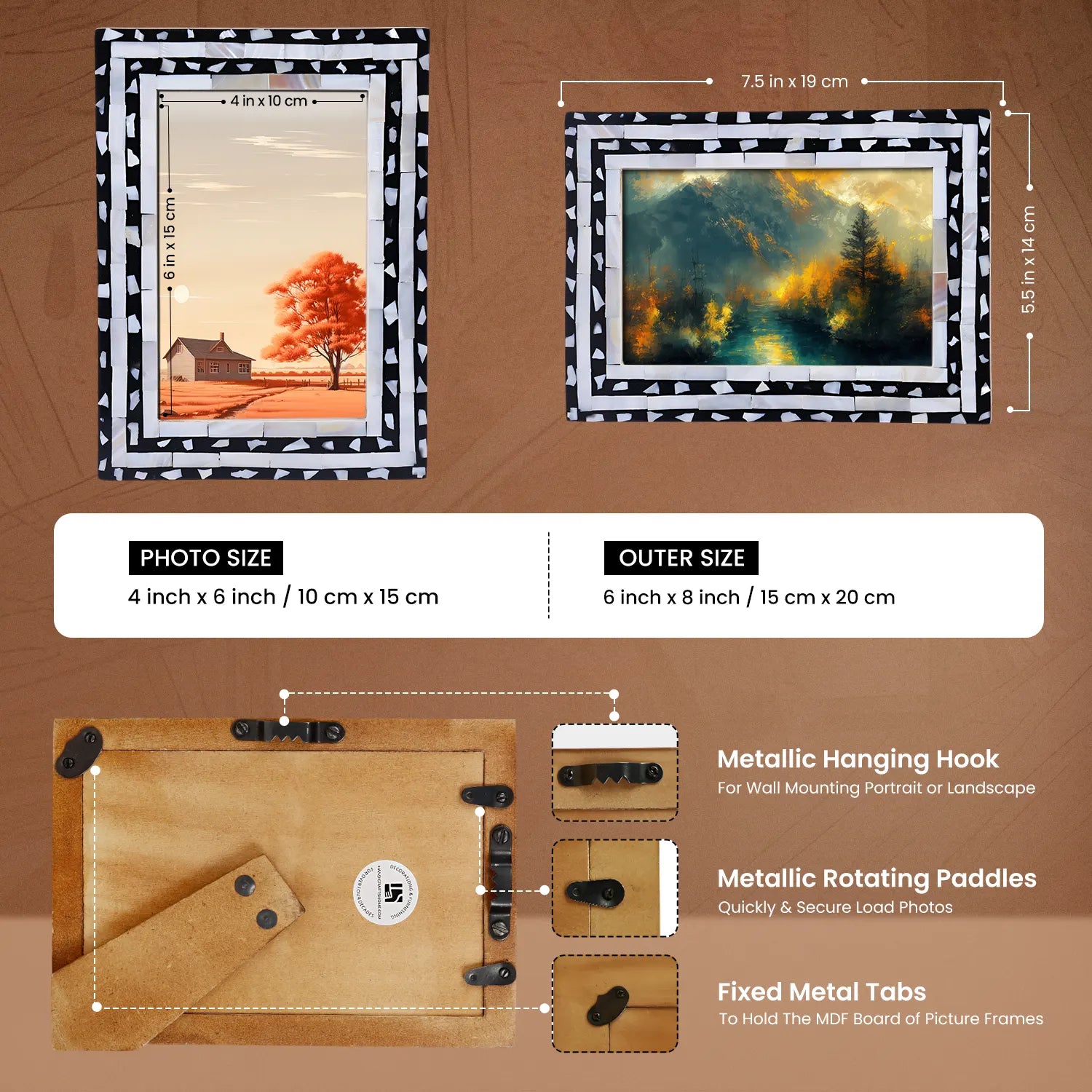 Mosaic Triangle Mother of Pearl & Resin Inlay Picture Frame - Black & White