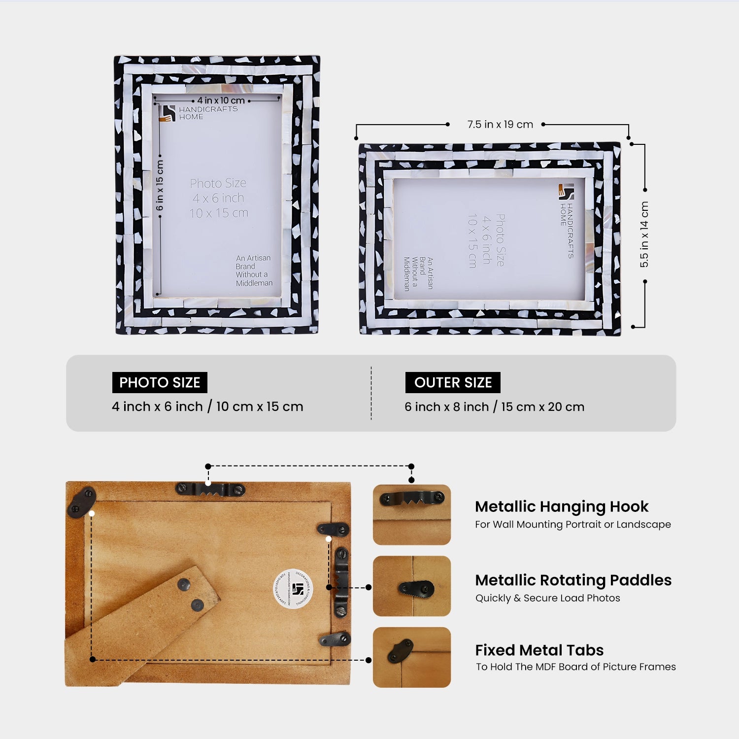 Mosaic Triangle Mother of Pearl & Resin Inlay Picture Frame - Black & White