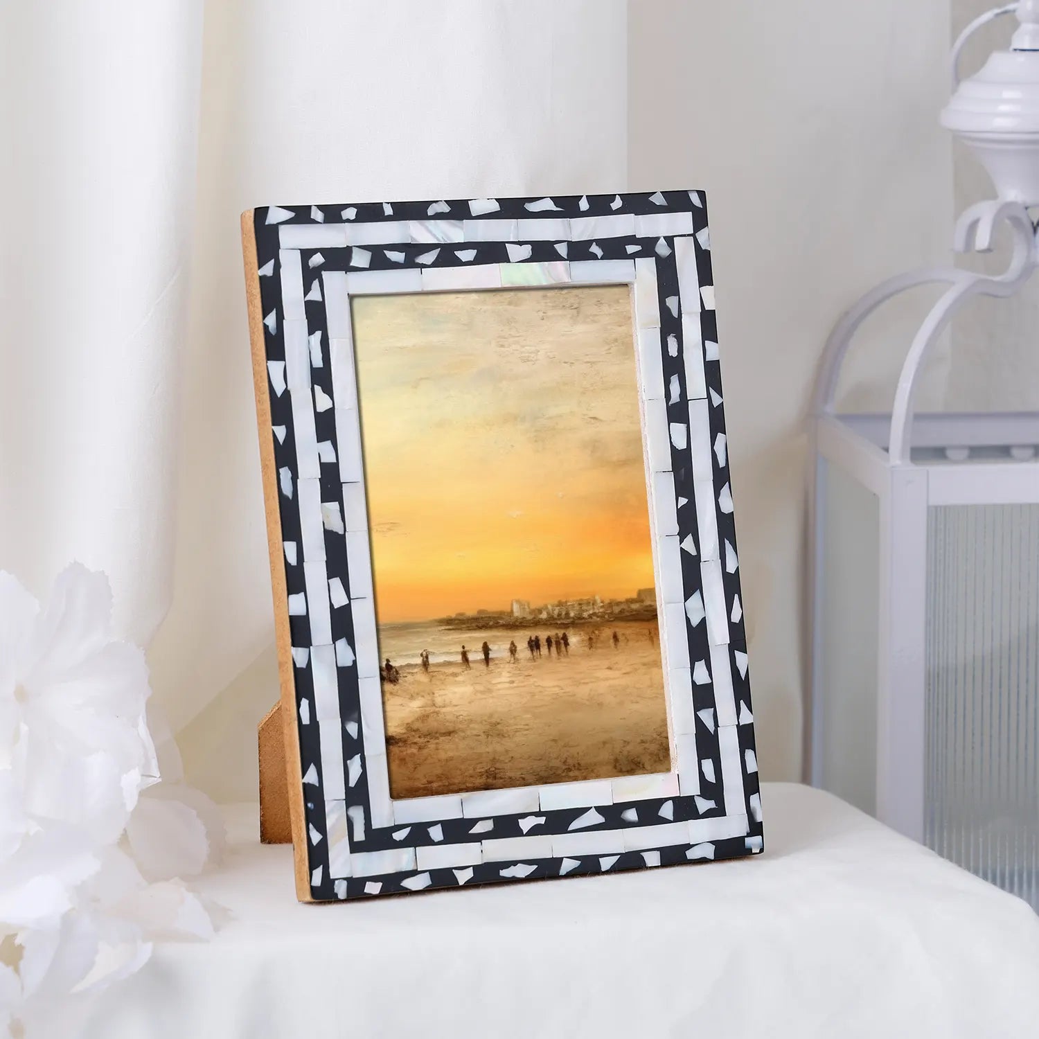 Mosaic Triangle Mother of Pearl & Resin Inlay Picture Frame - Black & White