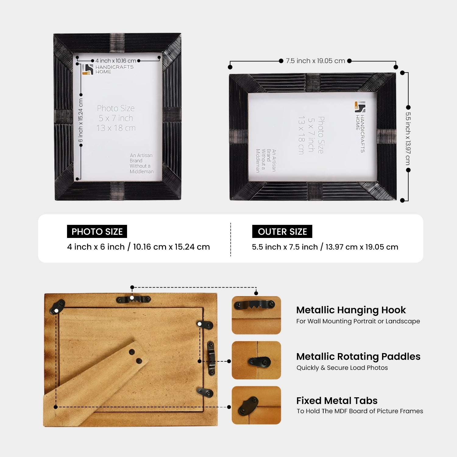 Horn Inlay Shagrin Picture Photo Frames Black, 4x6 5x7