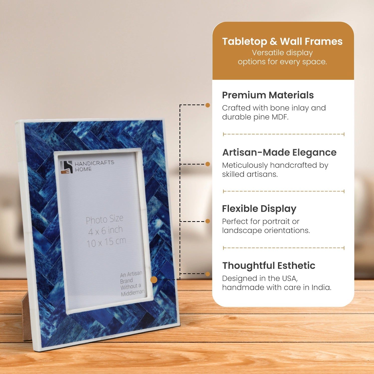 Picture Frame Herringbone Pattern Bone Inlay Blue – 4x6 & 5x7"