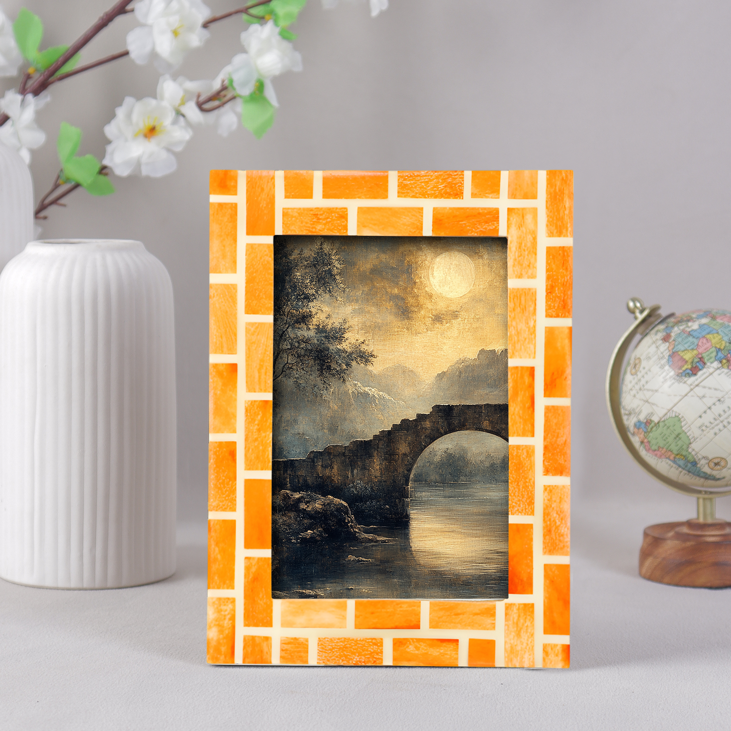 Mosaic Tile Orange Bone & Resin Inlay Picture Frame