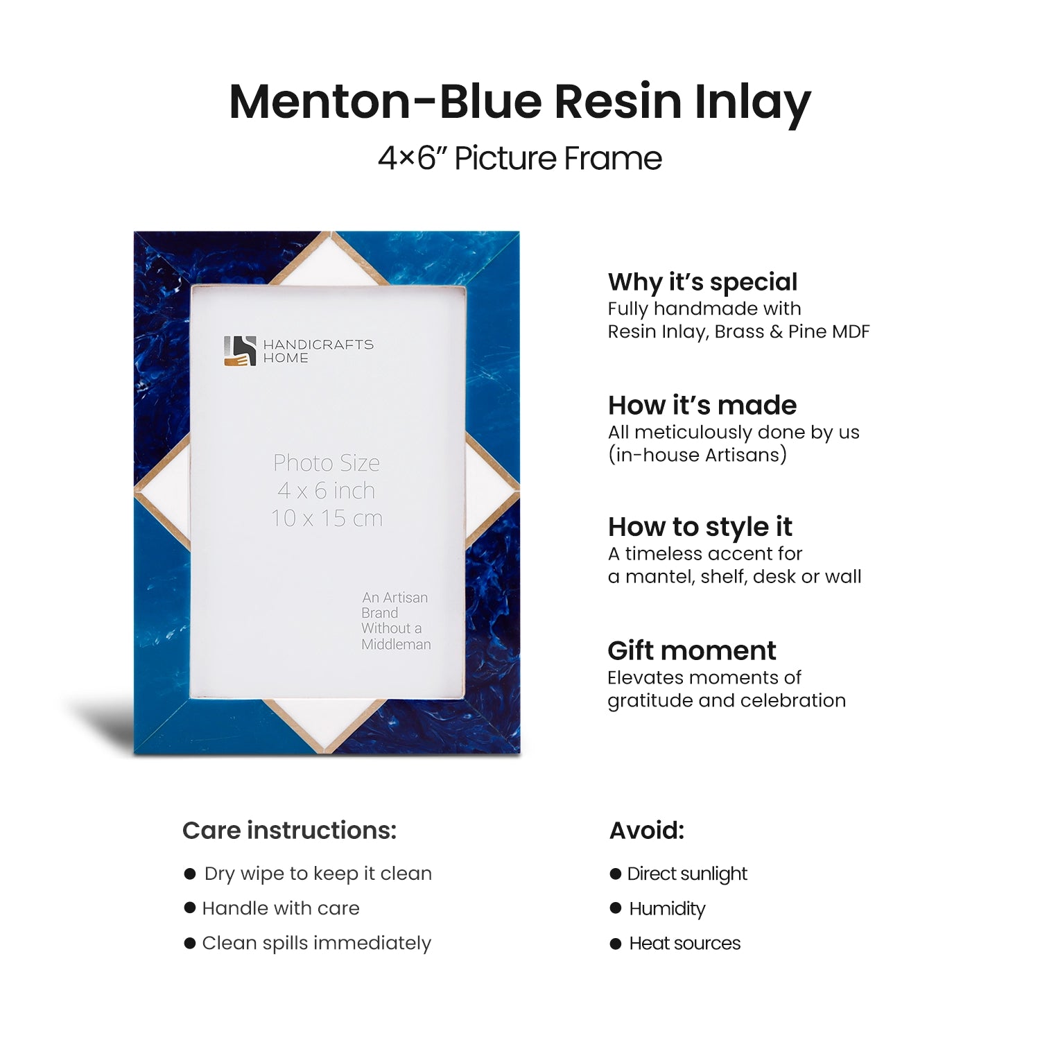 Picture Frame Menton Pattern Brass & Resin Inlay Blue – 3 Sizes