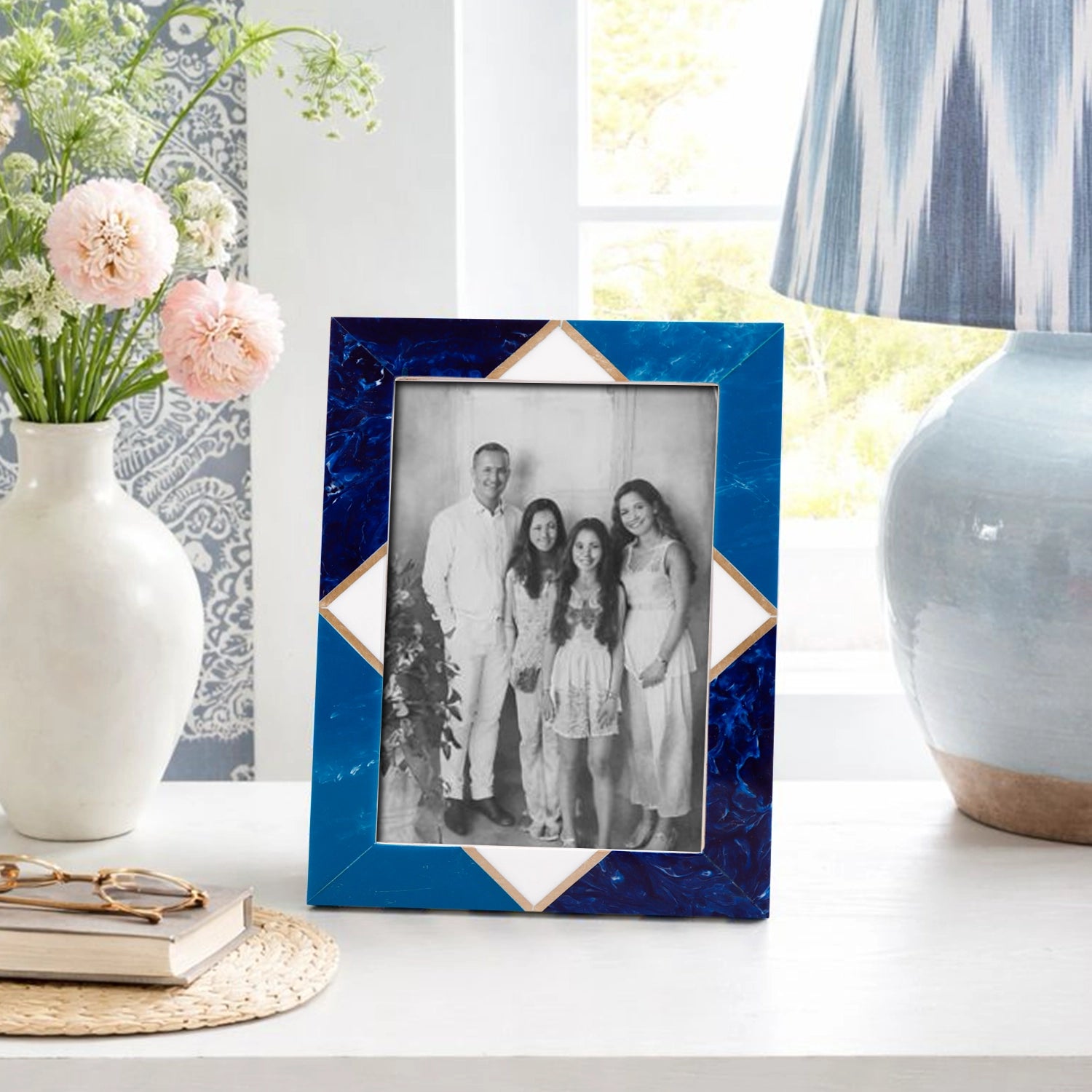 Picture Frame Menton Pattern Brass & Resin Inlay Blue – 3 Sizes