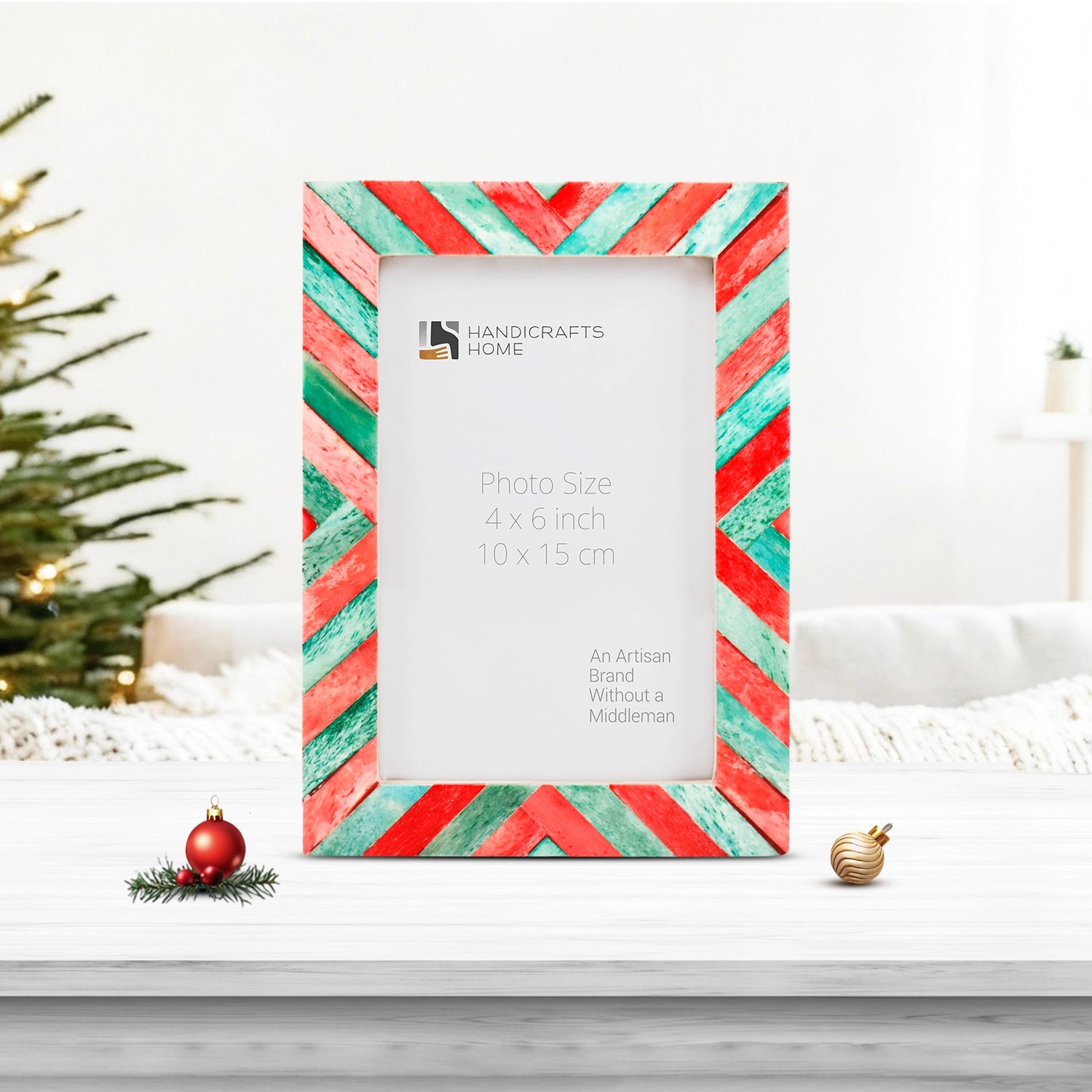 Picture Frames Chevron Pattern Bone Inlay Collection in 4 Sizes, Green & Red