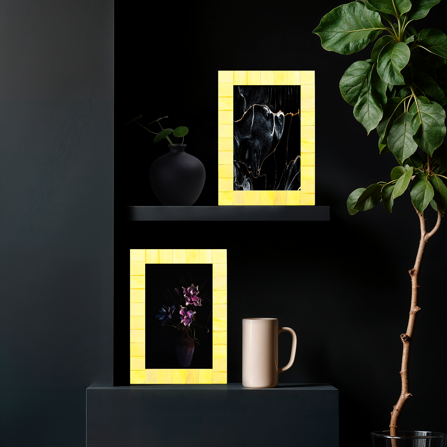 Picture Frames Classic Pattern Bone Inlay Collection in 3 Sizes, Pack of 2 - Yellow