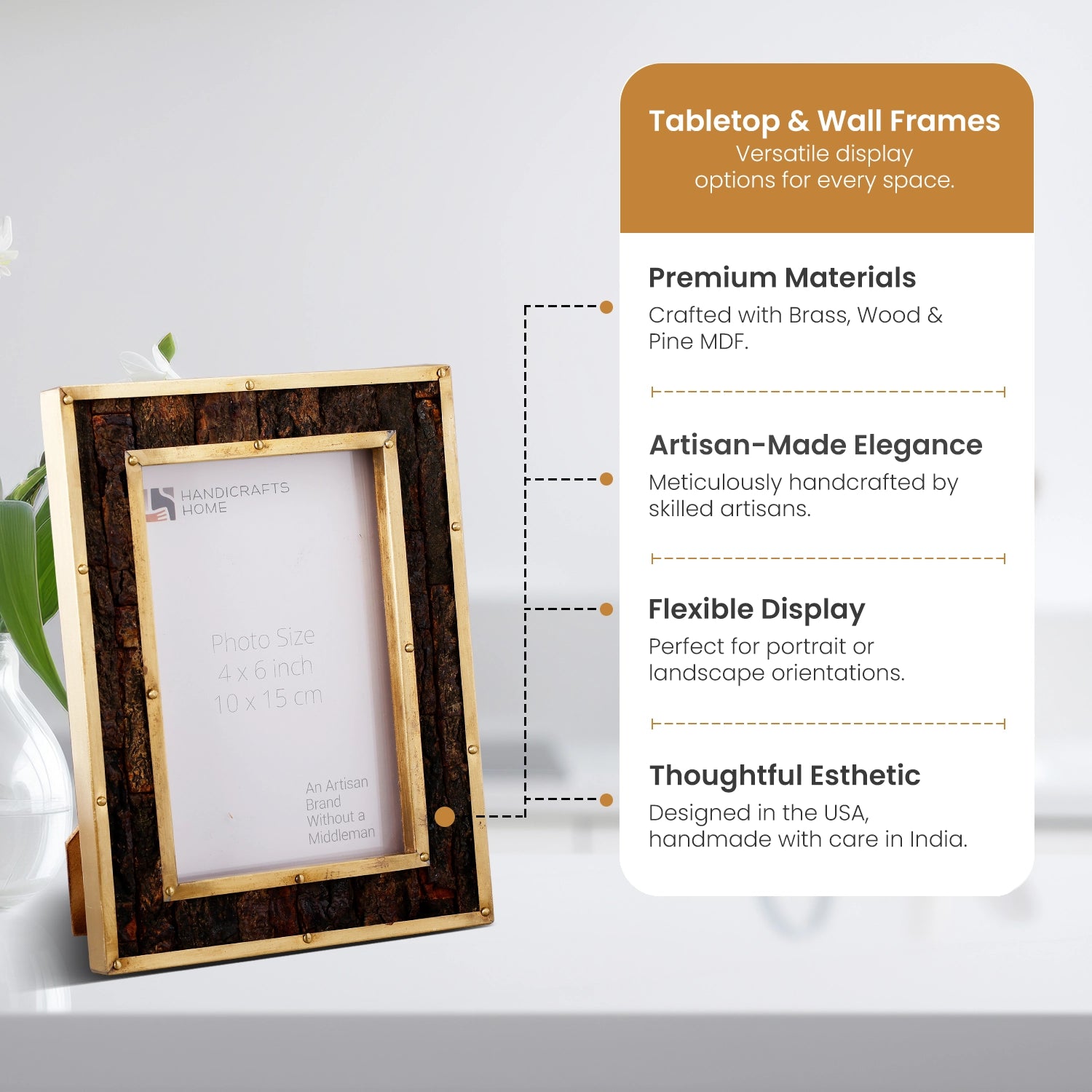 Brass & Wood Inlay Blacksmith Bastion Picture Frame, Brown & Gold 4x6