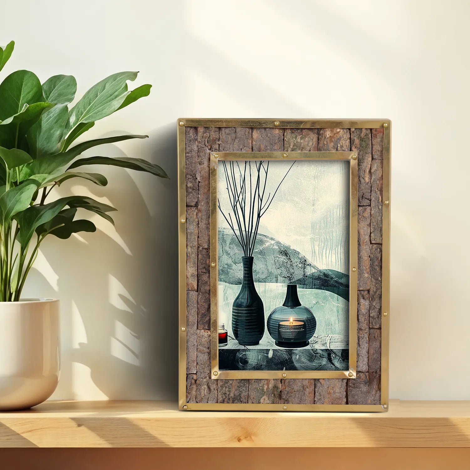 Brass & Wood Inlay Blacksmith Bastion Picture Frame, Brown & Gold 4x6