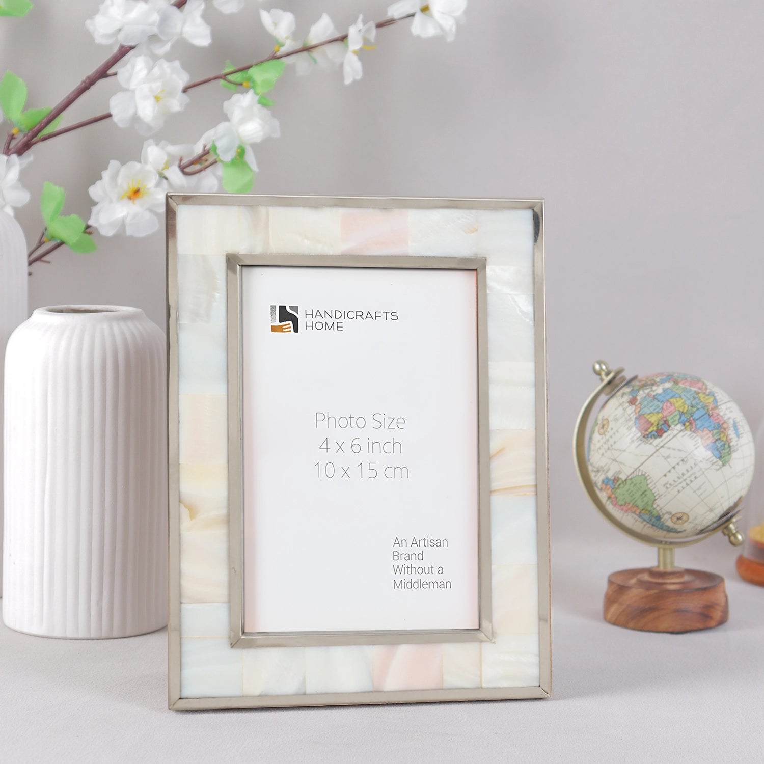 Camelot Maiden Brass & Resin Inlay 4x6 White & Silver Picture Frame