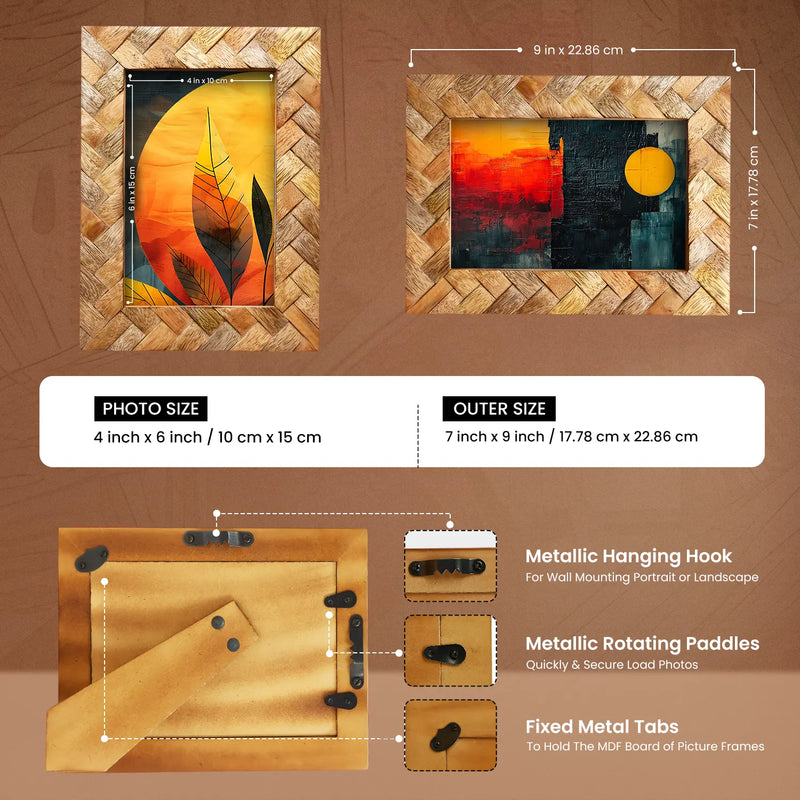 Size Chart for Wood Inlay Cinnamon Plaits Pattern Picture Photo Frame - 4x6