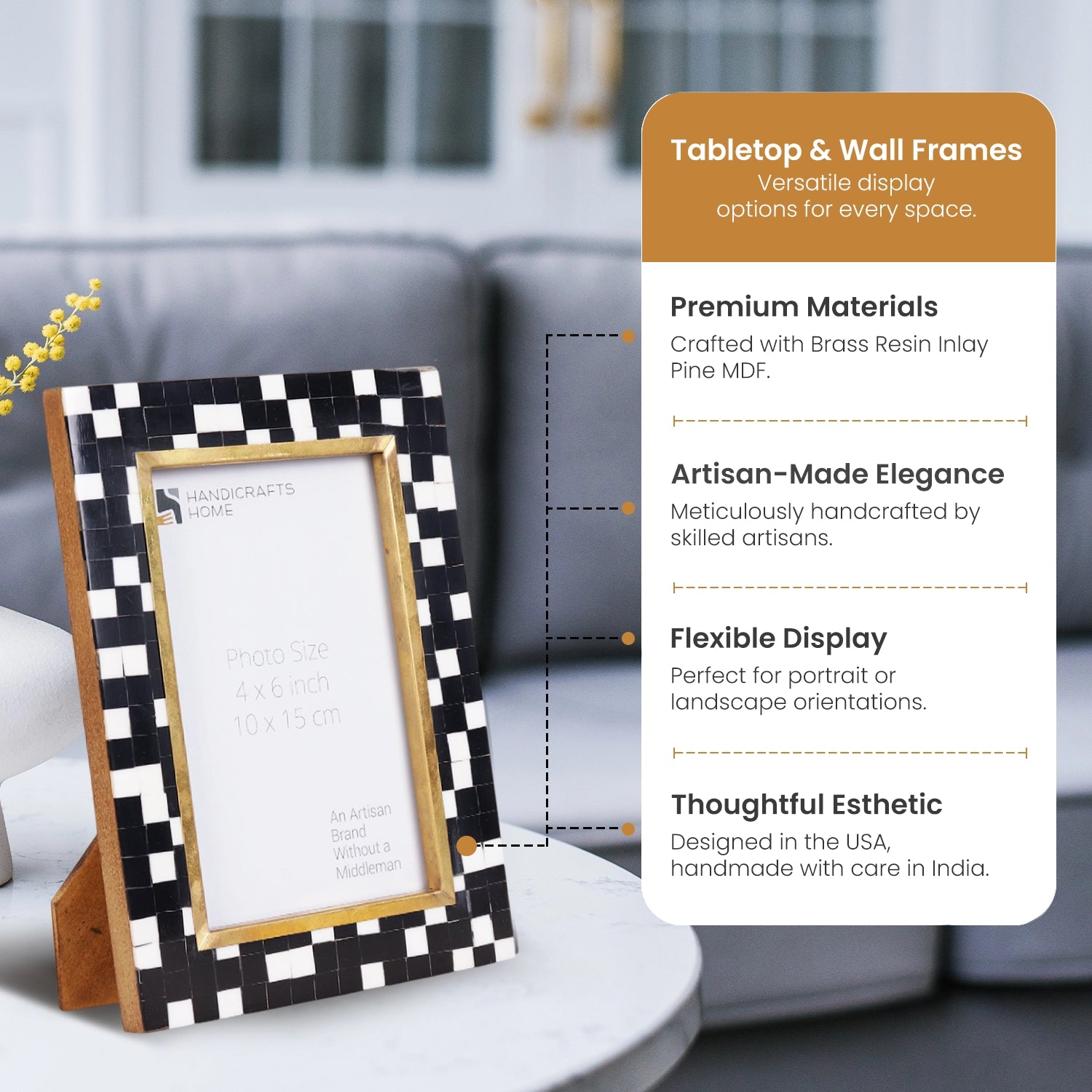 Picture Frames Halo Mosaic Collection Resin Inlay With Brass Accents, Black- 4x6