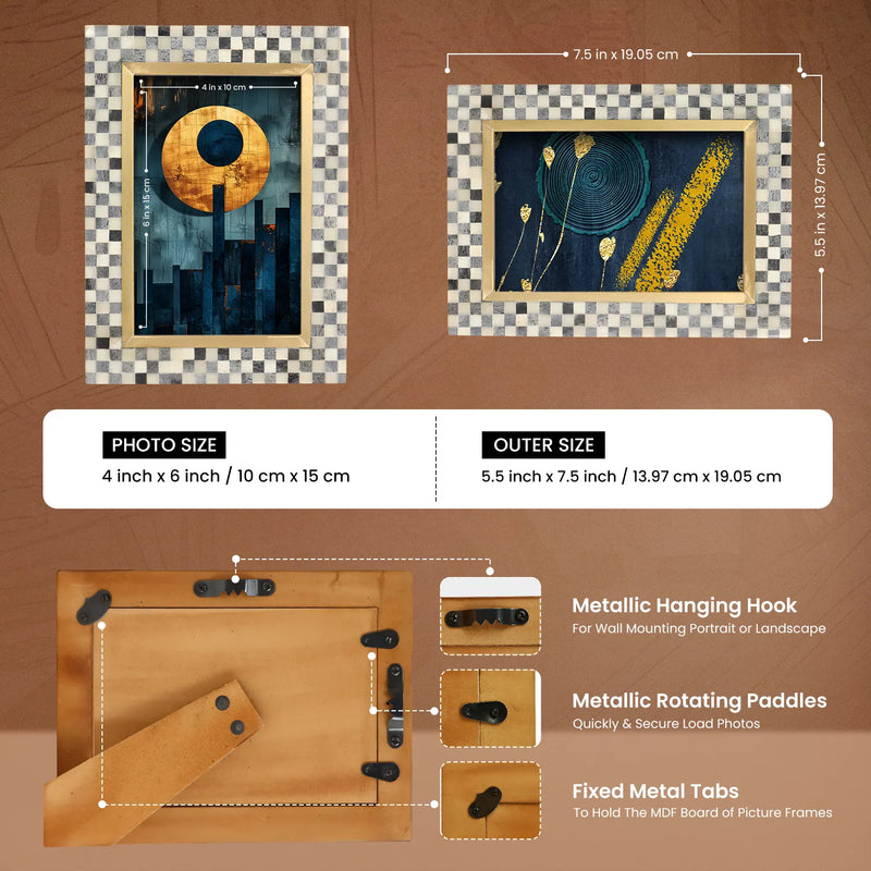 Size Chart for Bone Inlay & Brass Halo Pixels Pattern Picture Frame - 4x6