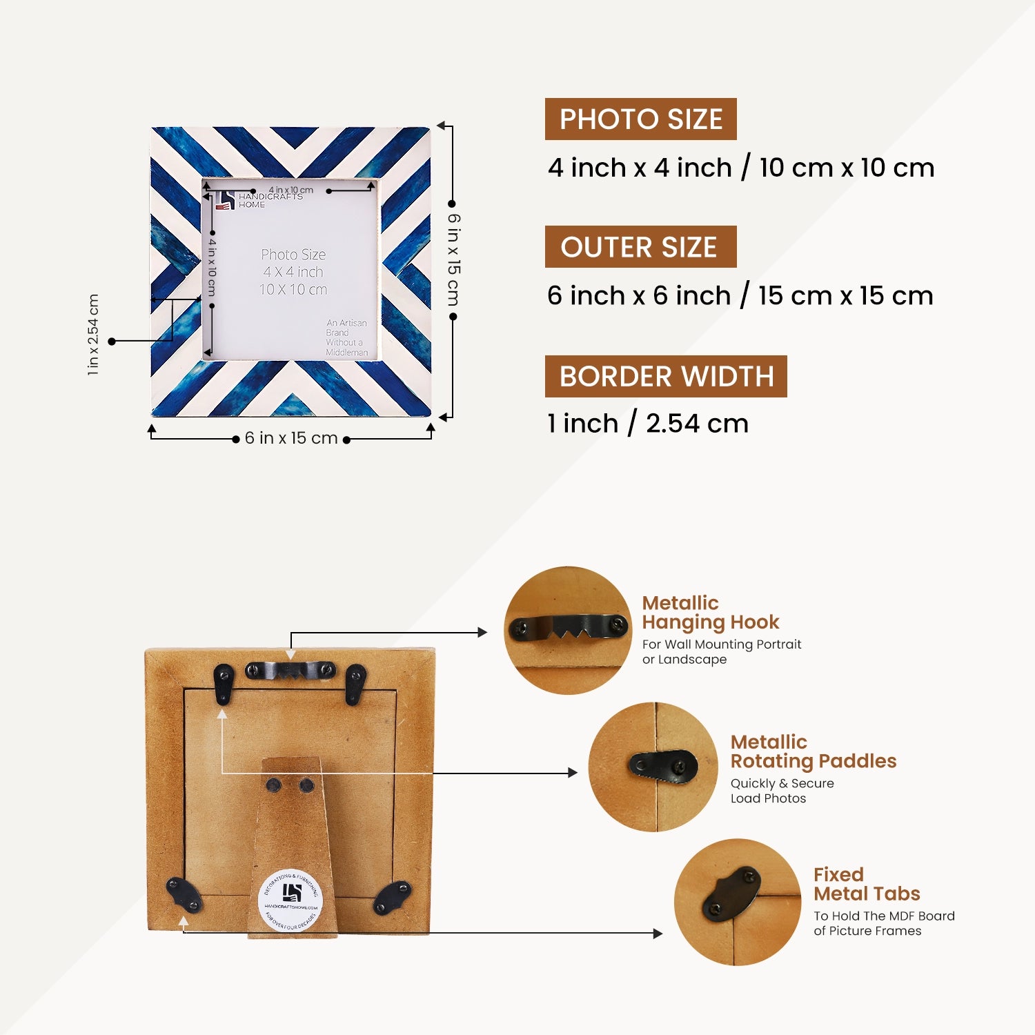 Baby Picture Frame Chevron Collection Bone Inlay Blue 4x4 "