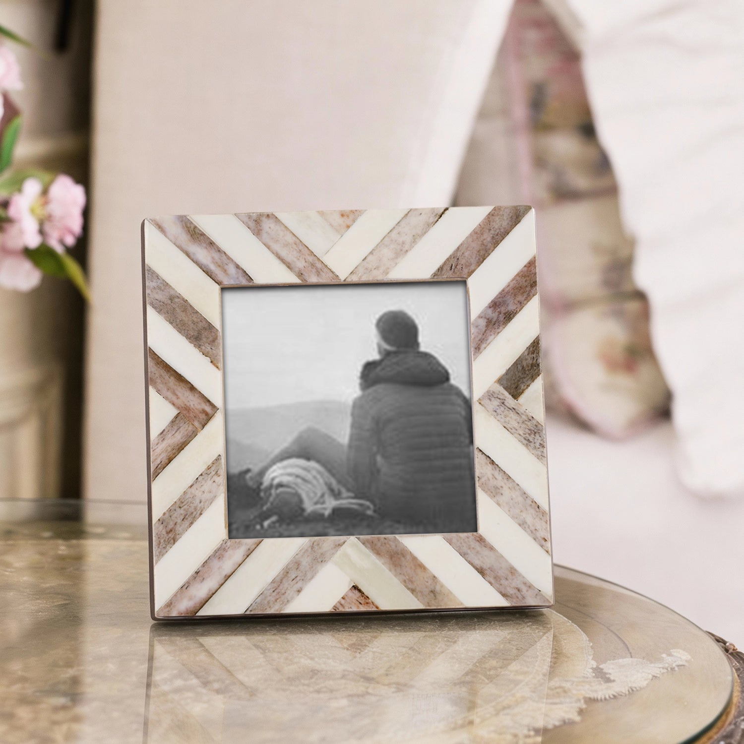 Baby Picture Frame Chevron Collection Bone Inlay Brown 4x4