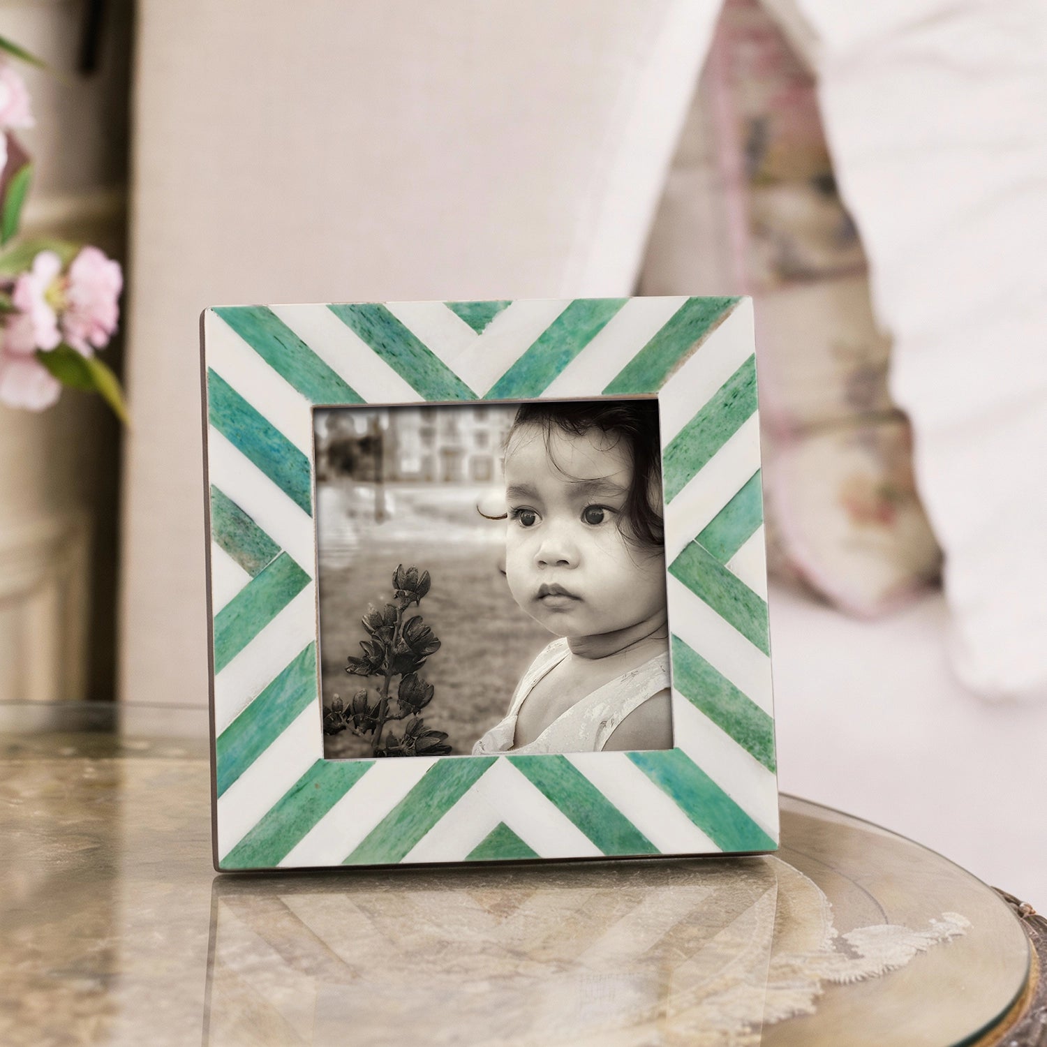 Baby Picture Frame Chevron Pattern Bone Inlay – Green ,4x4