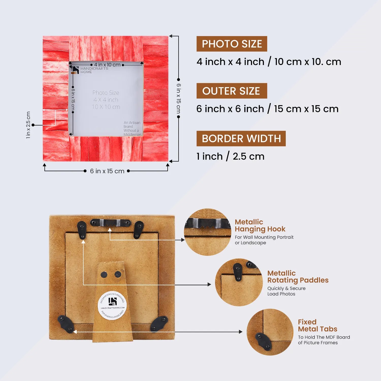Square Baby Picture Frames Classic Pattern Bone Inlay 4x4 inch, Red
