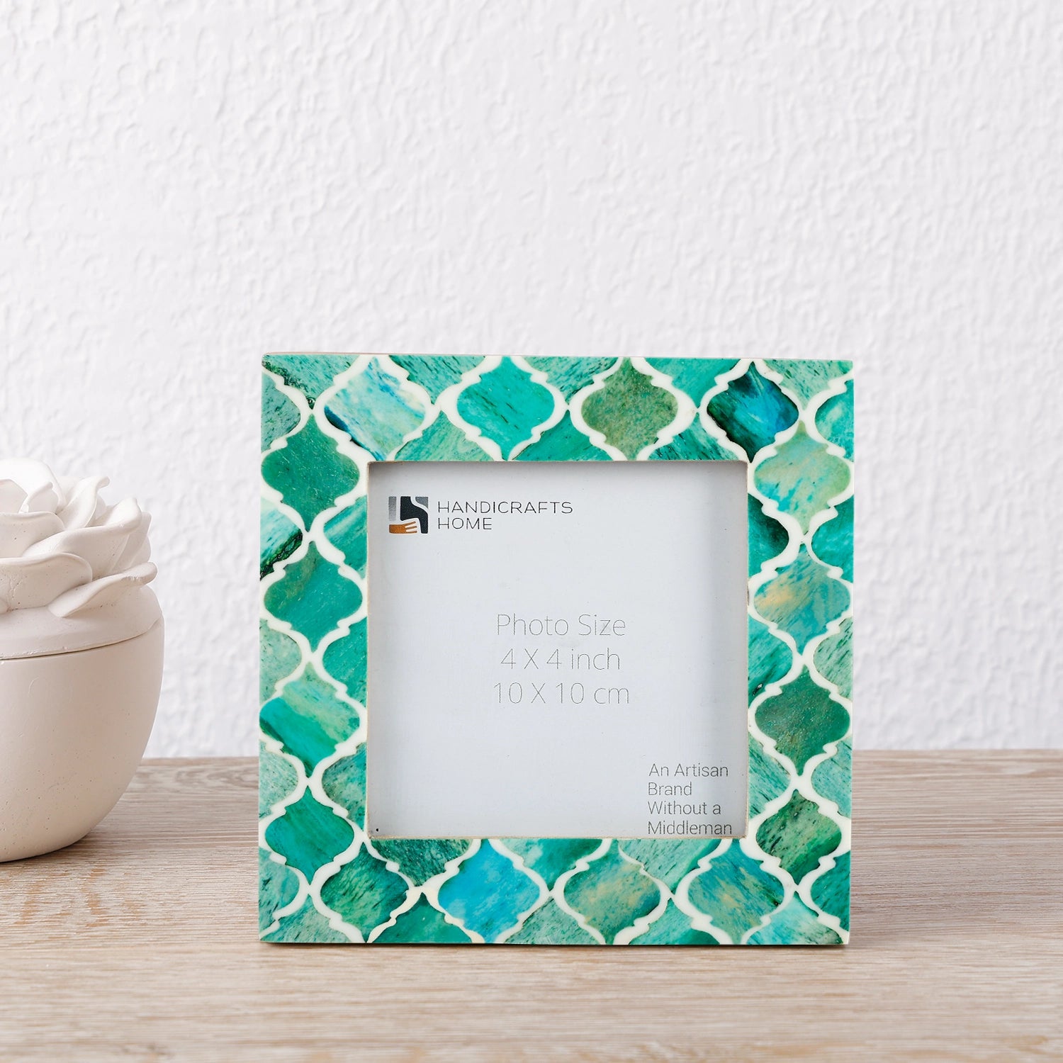 Square Baby Picture Frames Moroccan Pattern Bone & Resin Inlay 4x4 Inch, Green