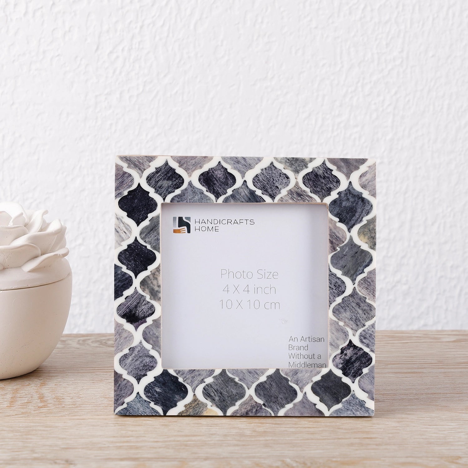 Square Baby Picture Frames Moroccan Pattern Bone & Resin Inlay 4x4 Inch, Grey