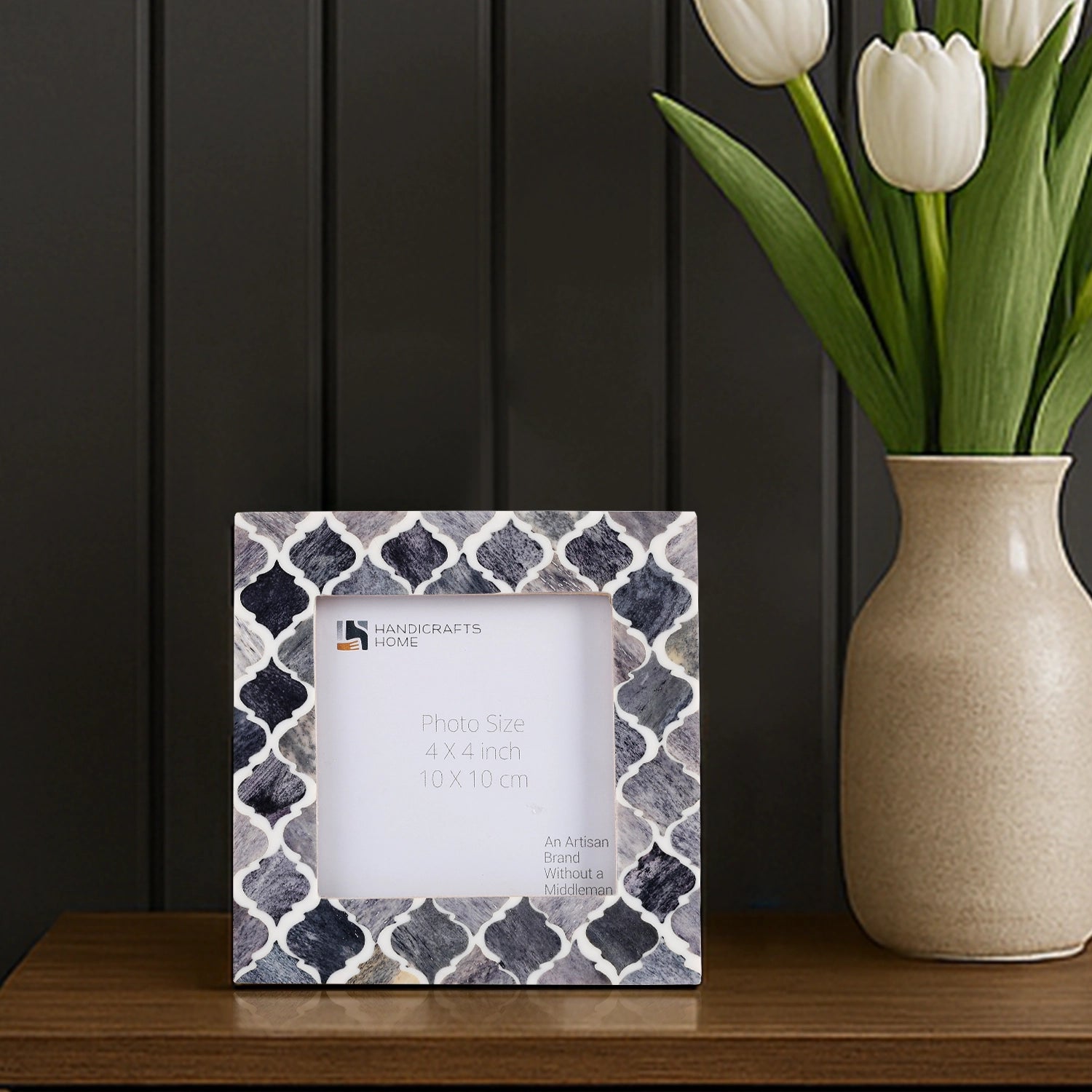 Square Baby Picture Frames Moroccan Pattern Bone & Resin Inlay 4x4 Inch, Grey