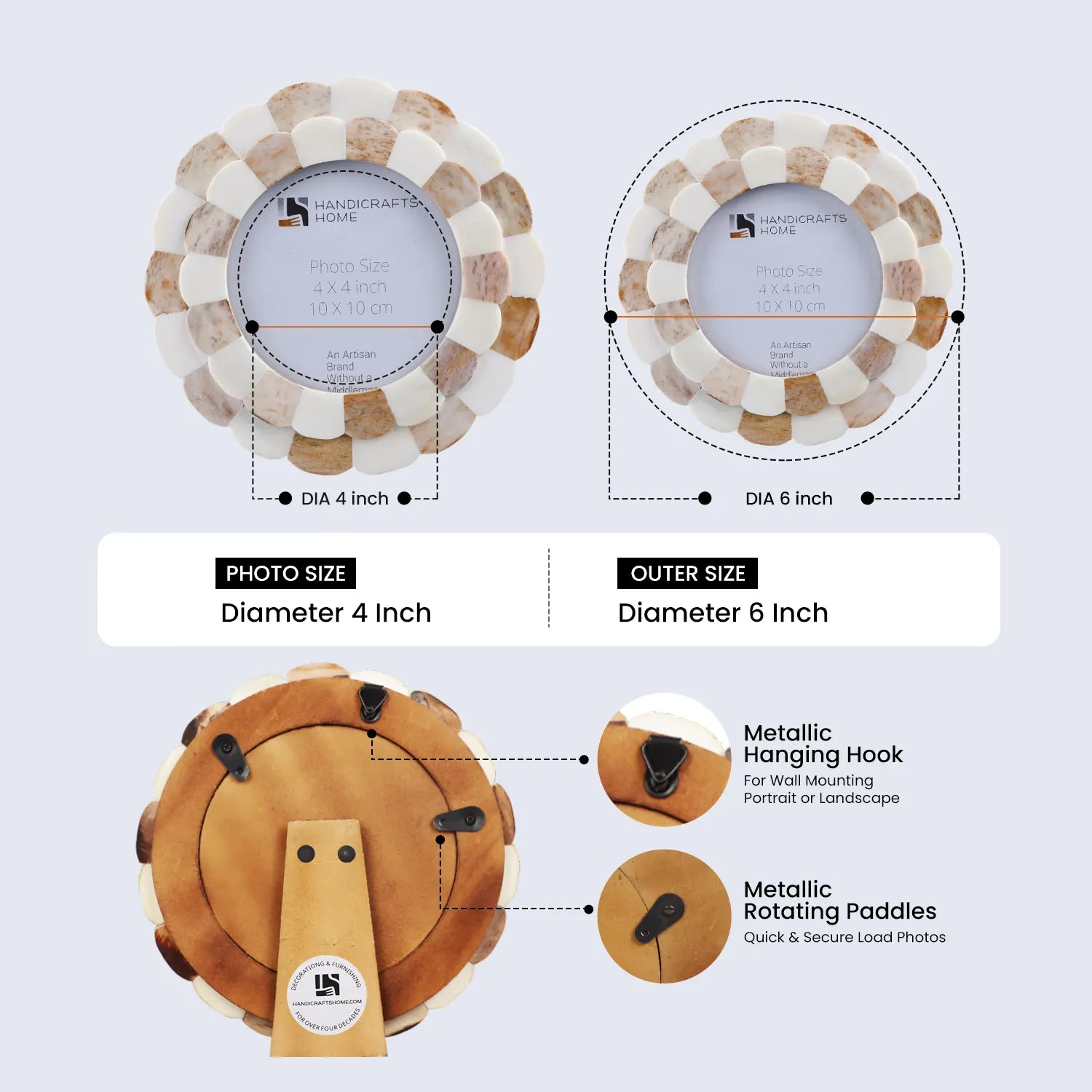 Round Baby Picture Frames Scalloped Pattern Bone Inlay 4x4 Inch, Brown