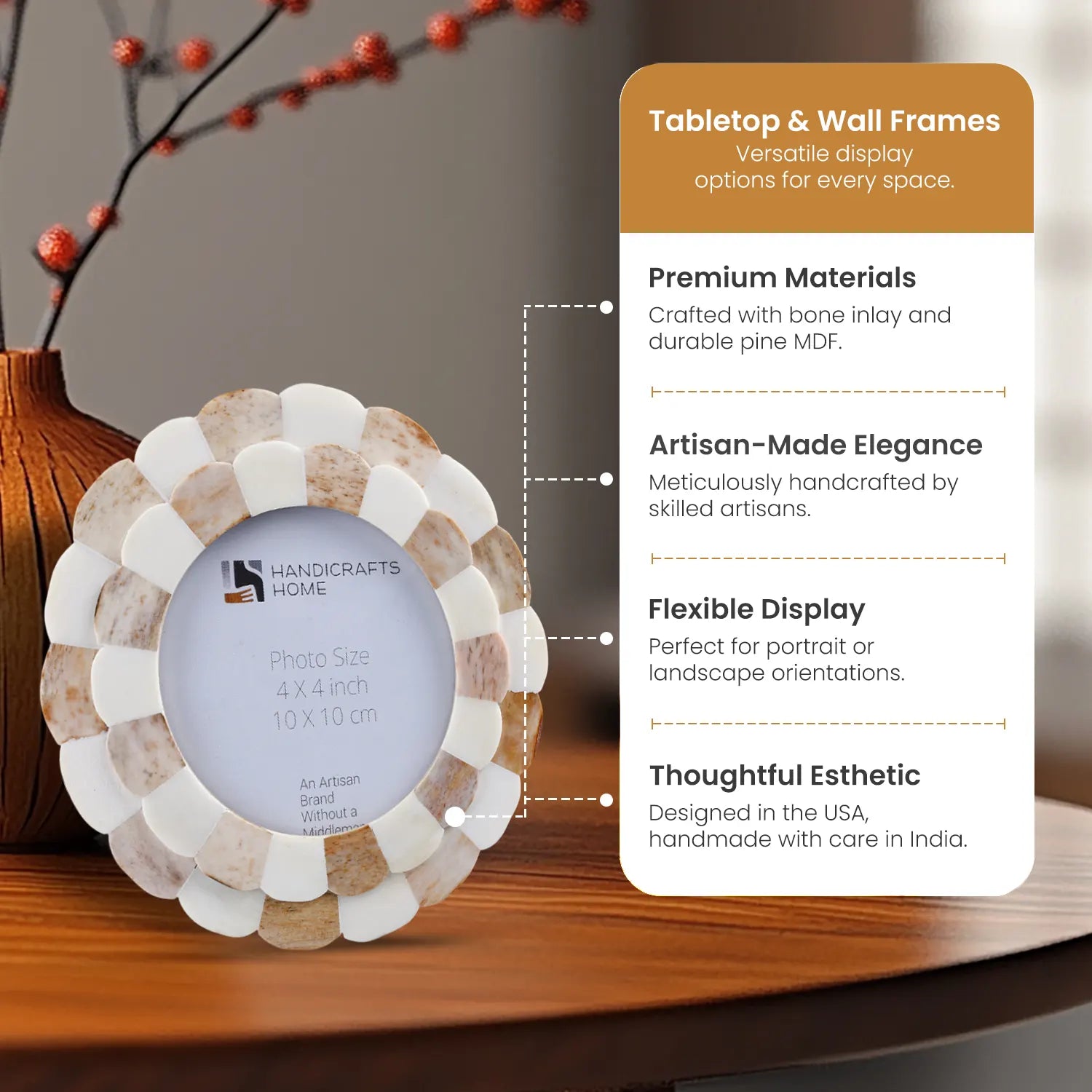 Round Baby Picture Frame  Scalloped Pattern Bone Inlay – Brown ,4x4