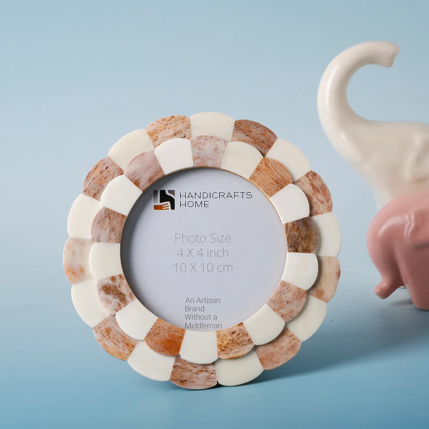 Round Picture Frame Scalloped Collection Bone Inlay Brown 4x4"