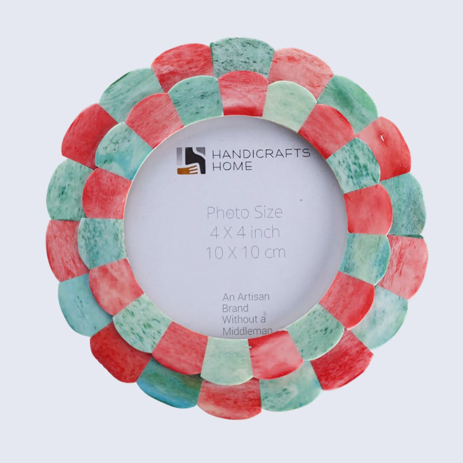 Round Baby Picture Frames Scalloped Pattern Bone Inlay 4x4 Inch Display Size, Green & Red