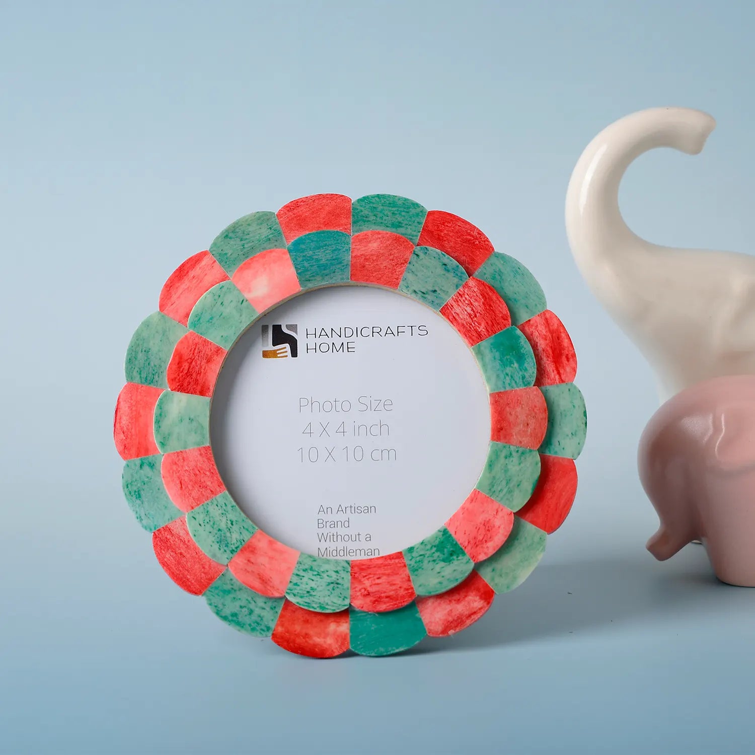 Round Baby Picture Frames Scalloped Pattern Bone Inlay 4x4 Inch Display Size, Green & Red