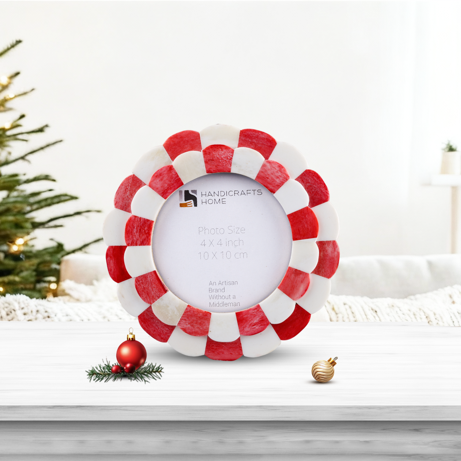 Round Baby Picture Frames Scalloped Pattern Bone Inlay 4x4 Inch Display Size, Red