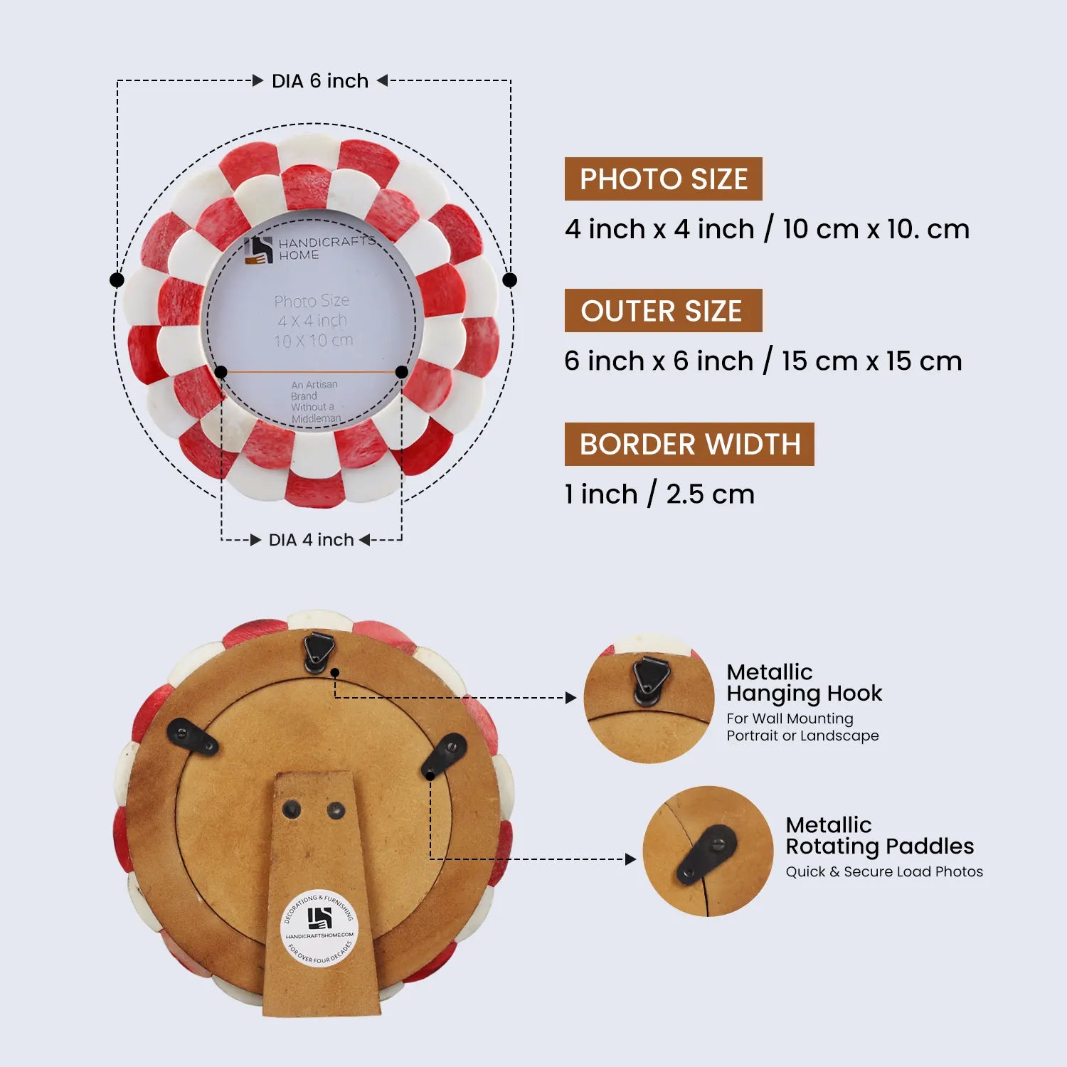 Round Baby Picture Frames Scalloped Pattern Bone Inlay 4x4 Inch Display Size, Red