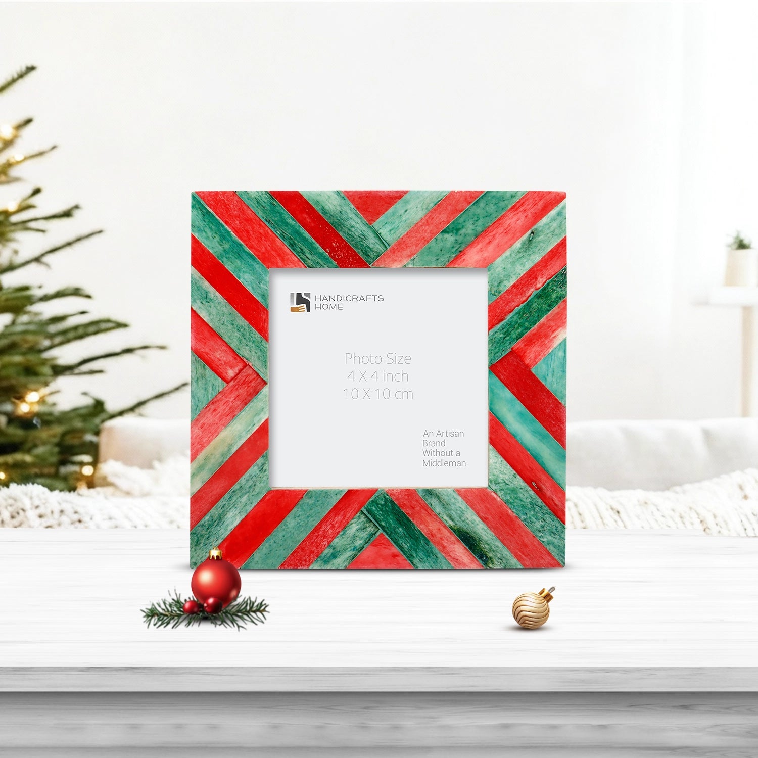 Picture Frames Chevron Pattern Bone Inlay Collection in 4 Sizes, Green & Red