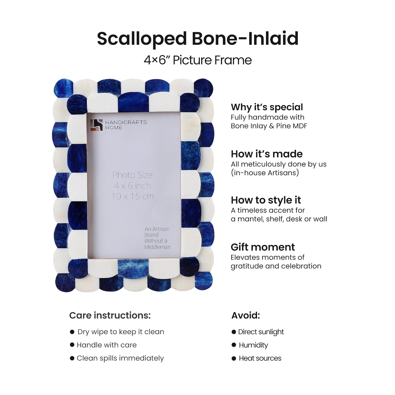 Picture Frames Scalloped Pattern Bone Inlay Collection in 4 sizes, Blue