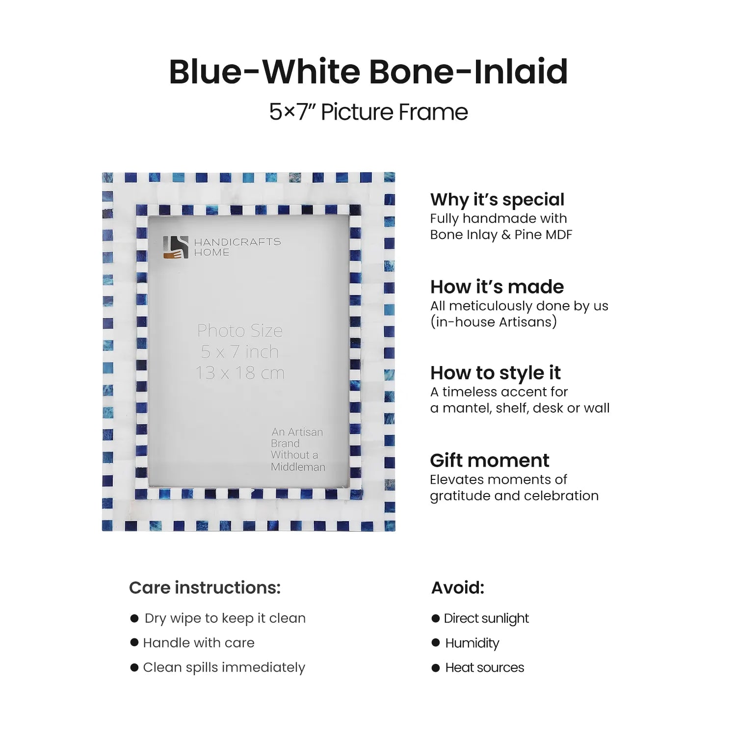 Picture Frame Checkered Pattern Collection Bone Inlay Blue – 4x6 & 5x7"