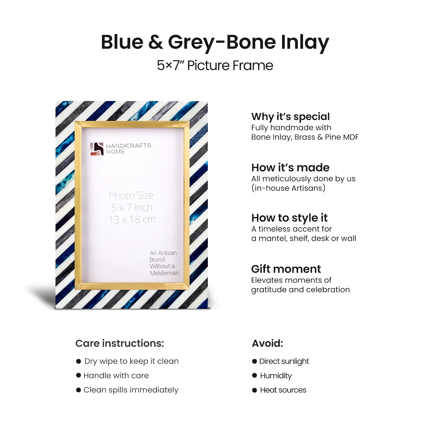 Picture Frame Diagonal Stripe Collection Bone Inlay, Brass & Wood Blue – 4x6 & 5x7"