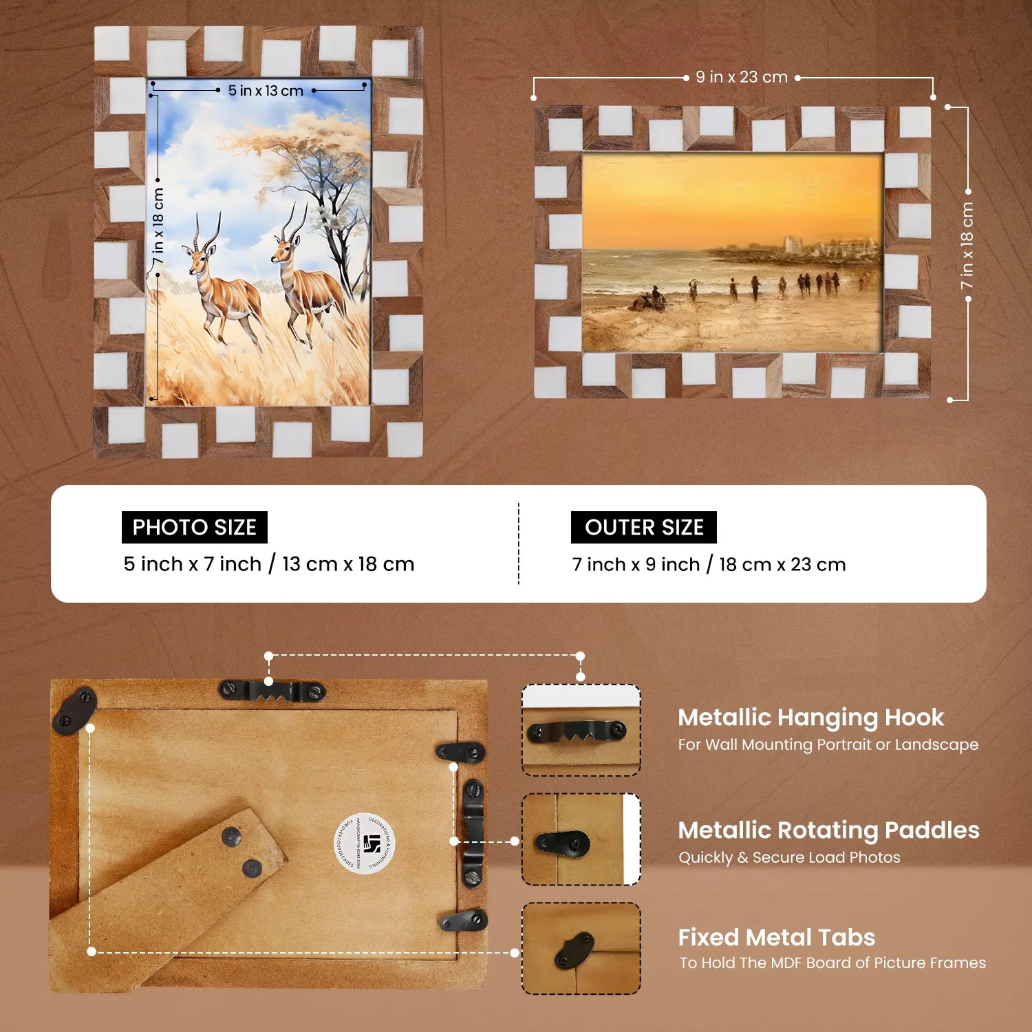 Escher Cube Bone Inlay Picture Frame - Brown & White in 4x6 & 5x7