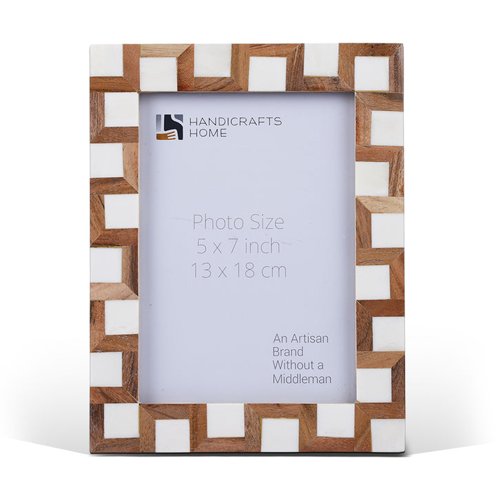 Handmade Brown White Wood & Bone Inlay Interlock Photo Frame, 2 Sizes, for tabletop or wall display