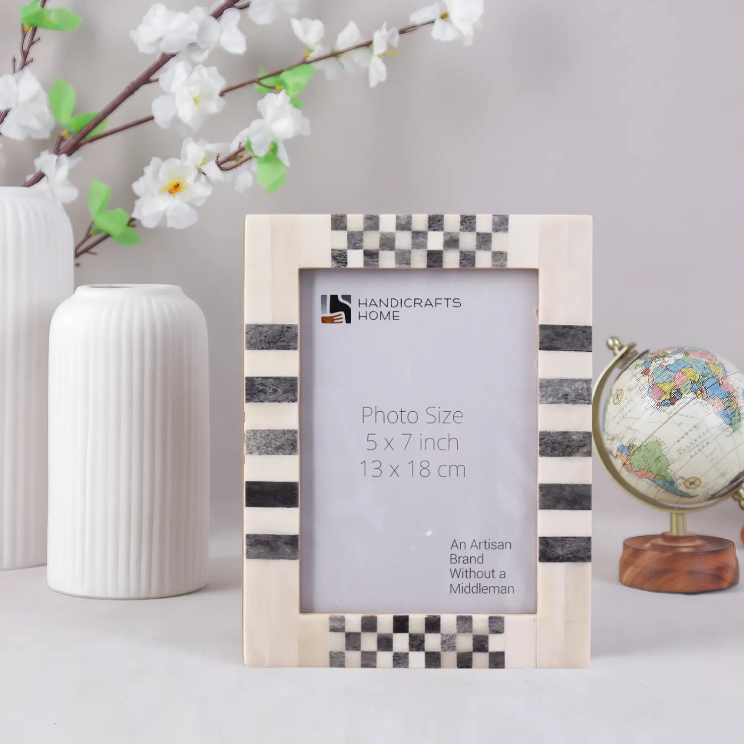 Picture Frame CheckStripe Collection Bone Inlay Grey & White – 2 Sizes