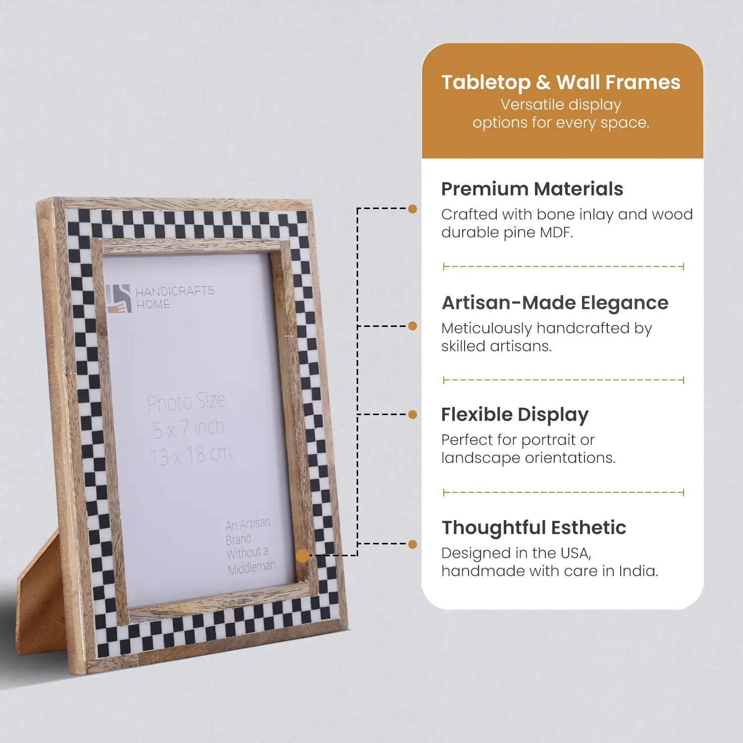 Chessboard Pattern Bone Inlay & Wood Picture Frame - 4x6 & 5x7