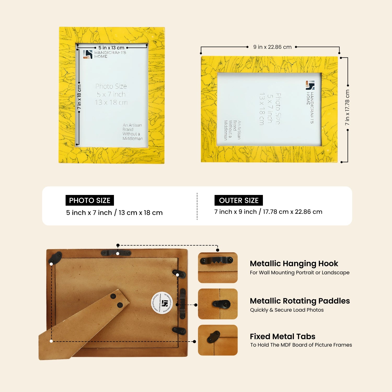 Resin Inlay Handmade Yellow Picture Frame for Wall & Tabletop - 5x7