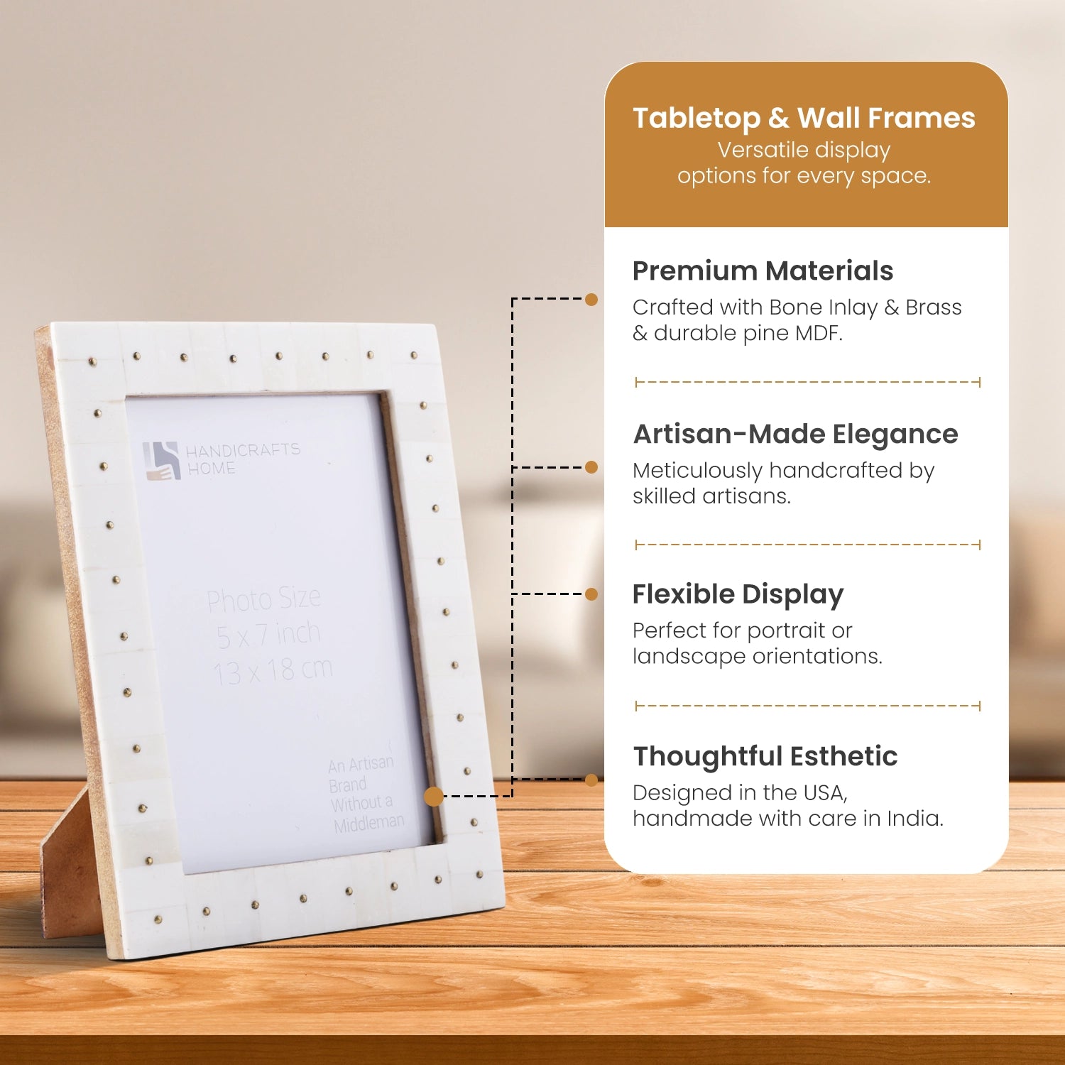 Bone & Brass Picture Frame – Handmade Noor Stud Pattern (4x6 & 5x7)