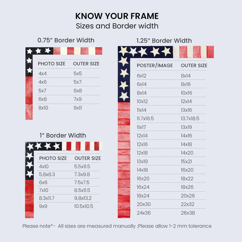 Size Chart for Picture Frame USA American Flag Pattern Bone & Resin Inlay Collection in 27 Sizes