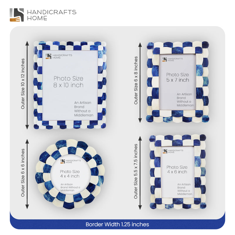 Size Chart for Picture Frames Scalloped Pattern Bone Inlay Collection in 4 sizes, Blue