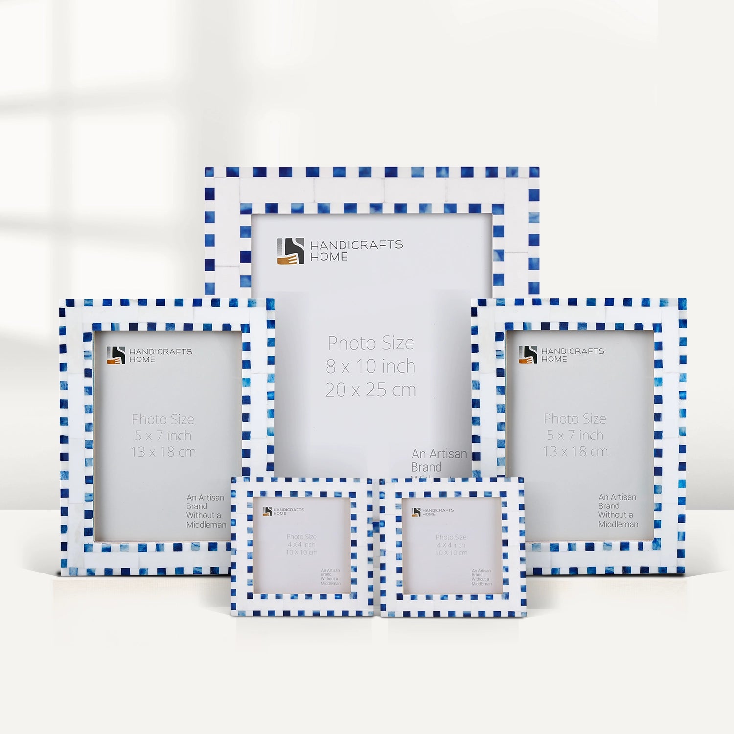 Blue White Bone Inlay Checkered Picture Frame Set (5-Pieces)